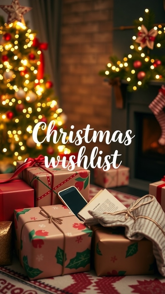 Christmas Wishlist Ideas for Everyone A festive Christmas wishlist with wrapped gifts, a decorated tree, and cozy items.
